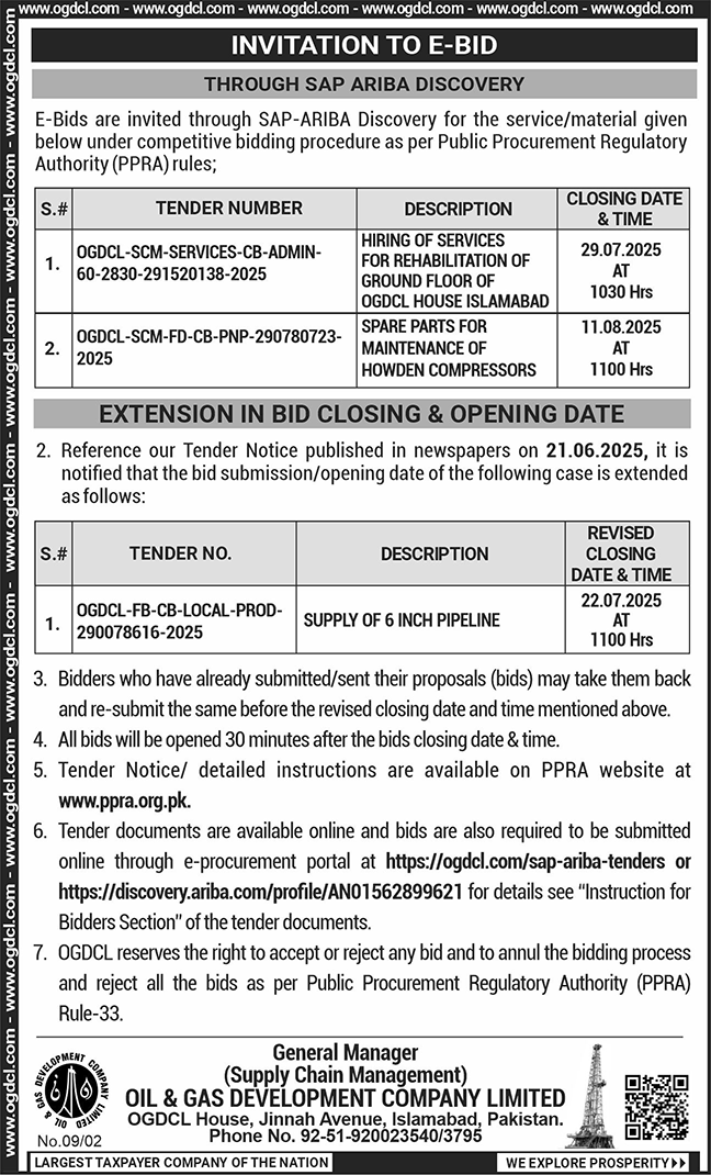 Oil & Gas Development Company Islamabad Tender Notice-1